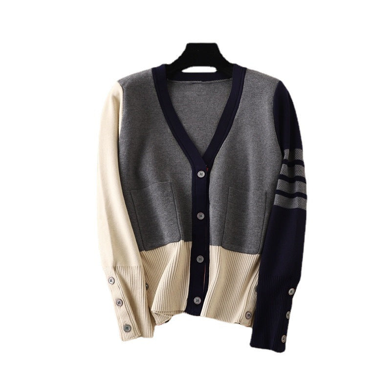 College style classic knitted cardigan women's V-neck color blocked thick long sleeved sweater jacket