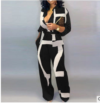 Autumn new sexy long sleeved lace up printed jumpsuit for women