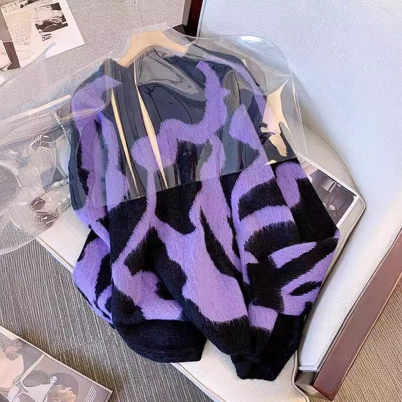 Suéter con estampado de leopardo morado para mujer en otoño e invierno, suéter de punto ajustado y de longitud media