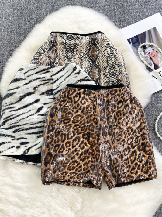 Pantalones cortos de pierna ancha con estampado de leopardo y lentejuelas que adelgazan la cintura alta de moda coreana para otoño e invierno, botas casuales elegantes, pantalones cortos para mujer