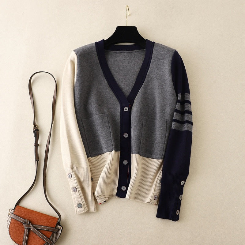 College style classic knitted cardigan women's V-neck color blocked thick long sleeved sweater jacket