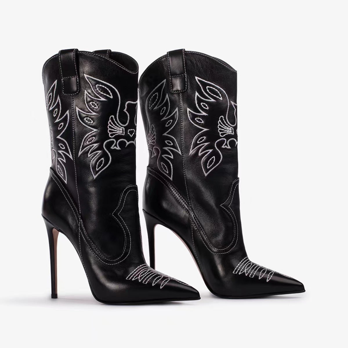 Tacones altos estilo vaquero occidental, tacones altos puntiagudos, tubo corto bordado, botas de caballero delgadas y sexys, botas de moda para mujer