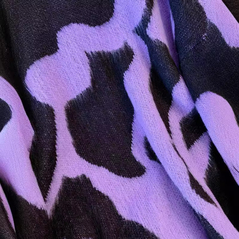 Suéter con estampado de leopardo morado para mujer en otoño e invierno, suéter de punto ajustado y de longitud media