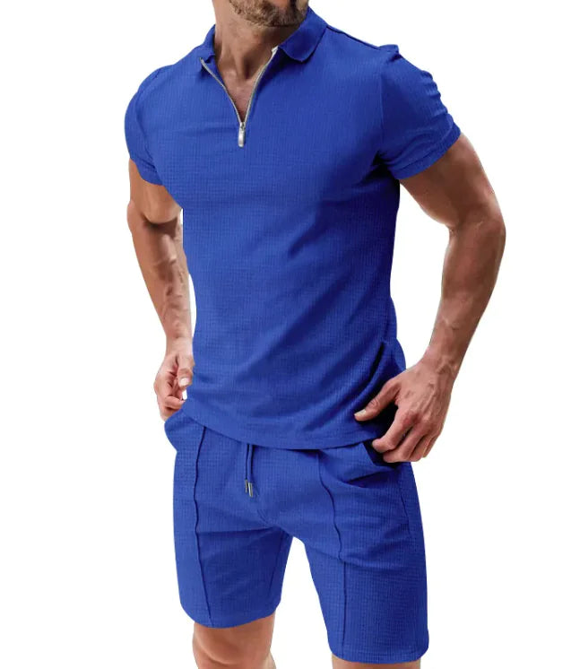 Conjunto de 2 piezas de polo con cremallera tipo gofre y pantalones cortos con cordón para hombre