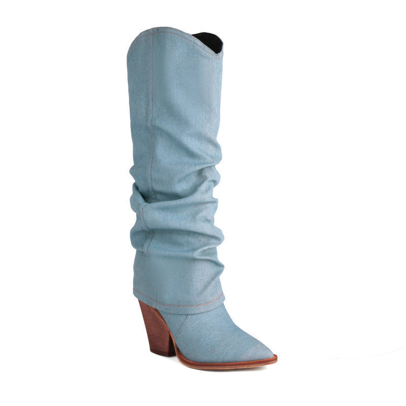 Women's autumn winter retro western cowboy pointed boots thick heel high knight boots