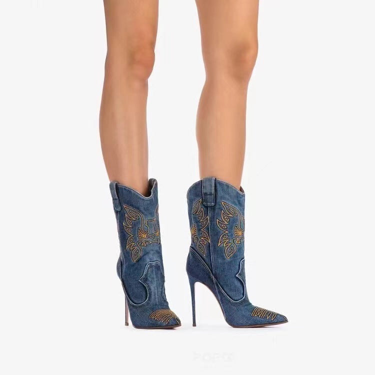 Tacones altos estilo vaquero occidental, tacones altos puntiagudos, tubo corto bordado, botas de caballero delgadas y sexys, botas de moda para mujer