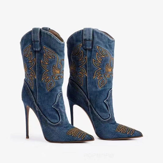 Tacones altos estilo vaquero occidental, tacones altos puntiagudos, tubo corto bordado, botas de caballero delgadas y sexys, botas de moda para mujer