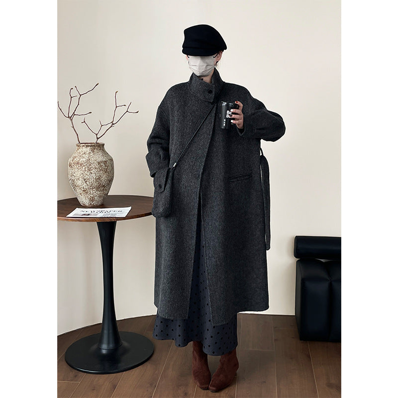 Shoulder bag, waist belt, double-sided wool coat, women's winter fashion stand up collar, mid length coat