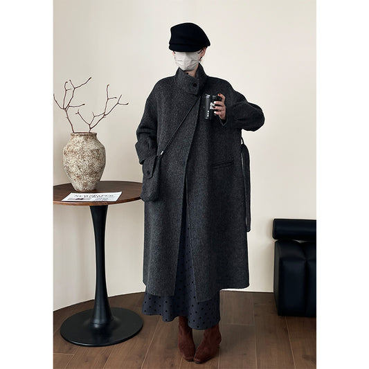 Shoulder bag, waist belt, double-sided wool coat, women's winter fashion stand up collar, mid length coat