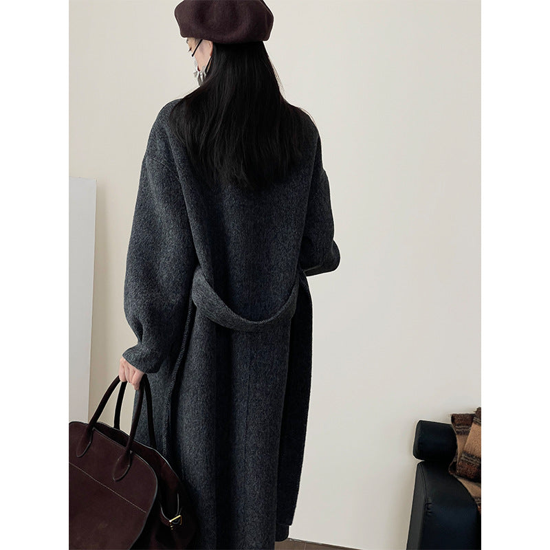 Shoulder bag, waist belt, double-sided wool coat, women's winter fashion stand up collar, mid length coat