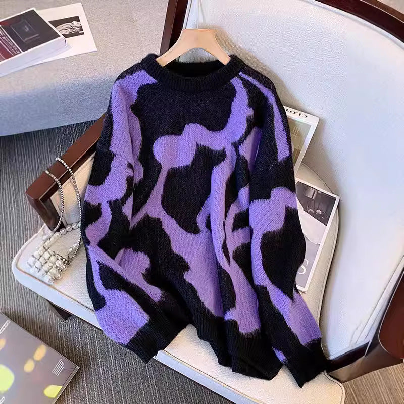 Suéter con estampado de leopardo morado para mujer en otoño e invierno, suéter de punto ajustado y de longitud media