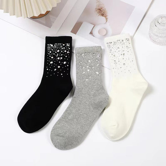 Spring and Autumn New Fairy Style Heavy Industry Starry Sky Hot Diamond Socks Light Luxury Versatile Middle Tube Socks