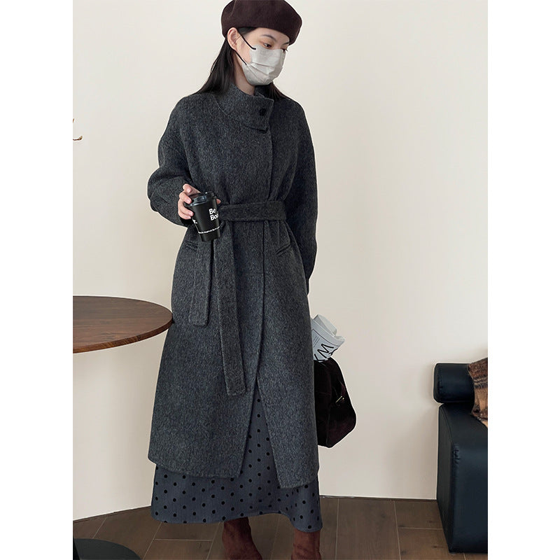 Shoulder bag, waist belt, double-sided wool coat, women's winter fashion stand up collar, mid length coat