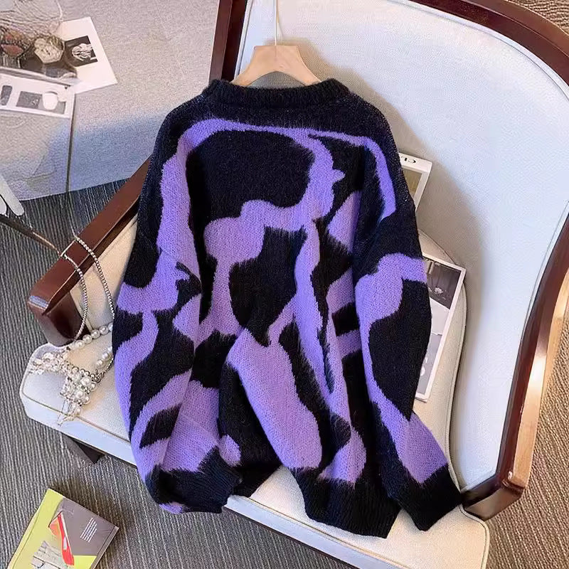 Suéter con estampado de leopardo morado para mujer en otoño e invierno, suéter de punto ajustado y de longitud media