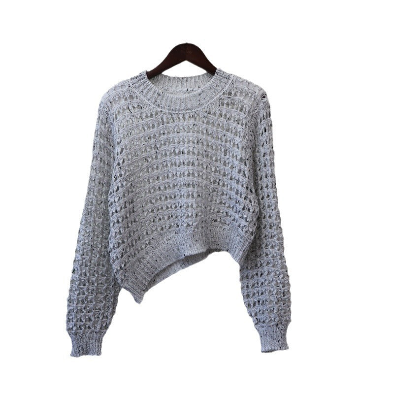 Thin hollow irregular design knitted sweater top for women, soft and loose sweater pullover