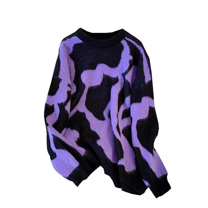 Suéter con estampado de leopardo morado para mujer en otoño e invierno, suéter de punto ajustado y de longitud media