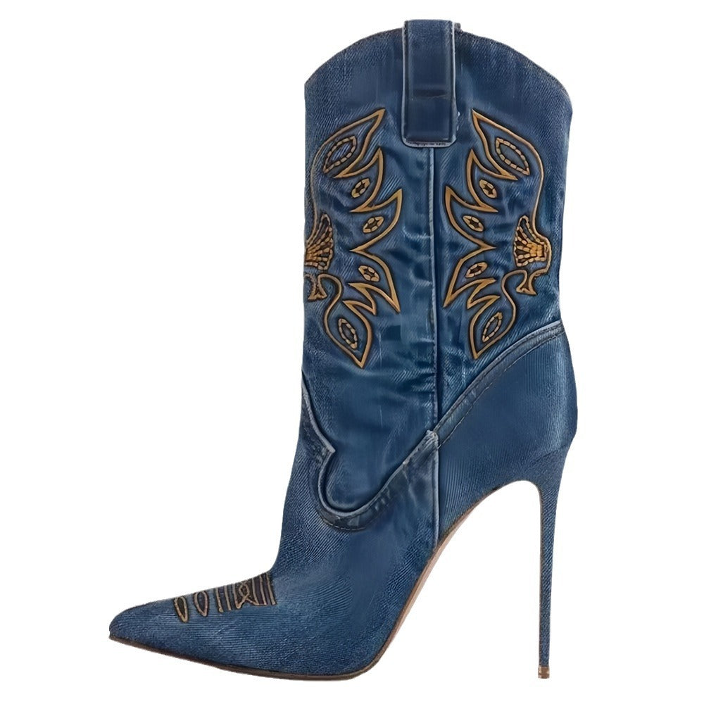 Tacones altos estilo vaquero occidental, tacones altos puntiagudos, tubo corto bordado, botas de caballero delgadas y sexys, botas de moda para mujer