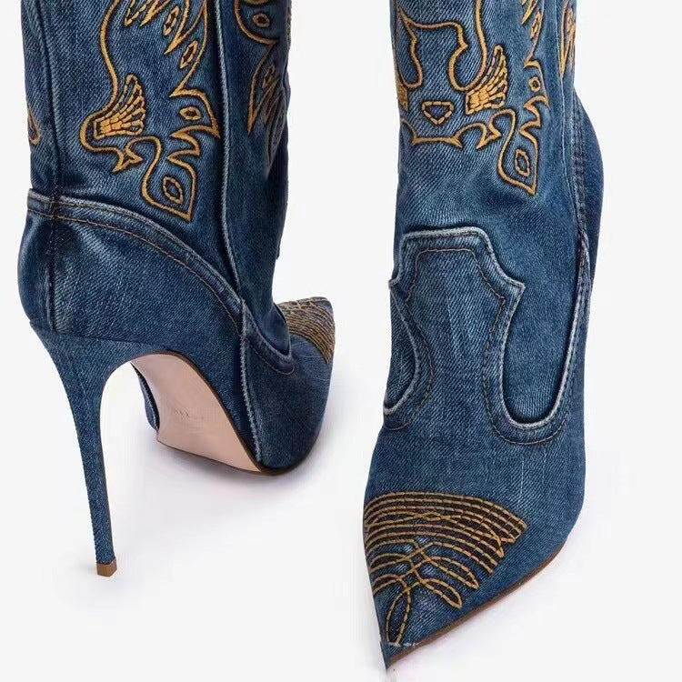 Tacones altos estilo vaquero occidental, tacones altos puntiagudos, tubo corto bordado, botas de caballero delgadas y sexys, botas de moda para mujer