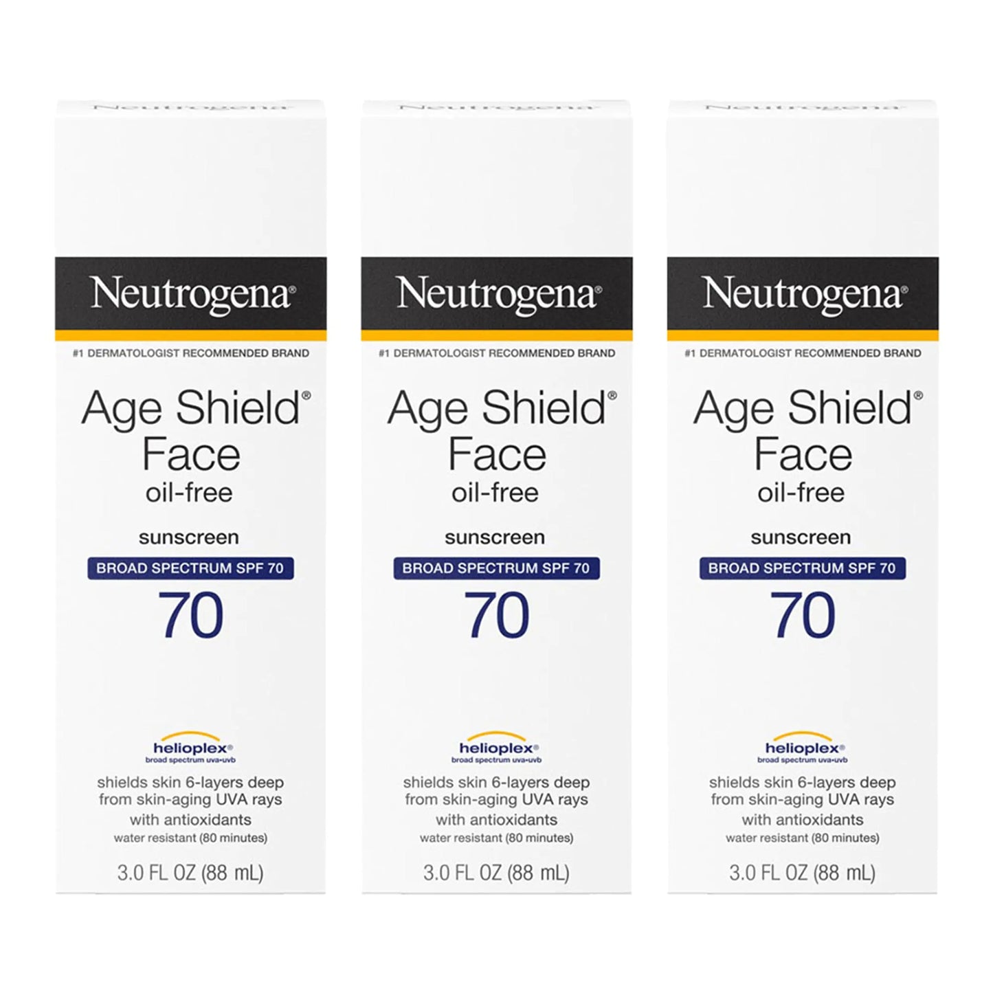 Loción protectora solar facial sin aceite Age Shield de Neutrogena con FPS 70 de amplio espectro, no comedogénica, humectante, para ayudar a prevenir los signos del envejecimiento, sin PABA, 3 onzas líquidas (paquete de 3)