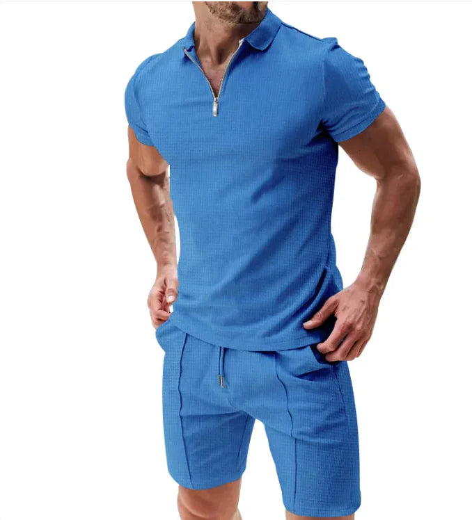 Conjunto de 2 piezas de polo con cremallera tipo gofre y pantalones cortos con cordón para hombre