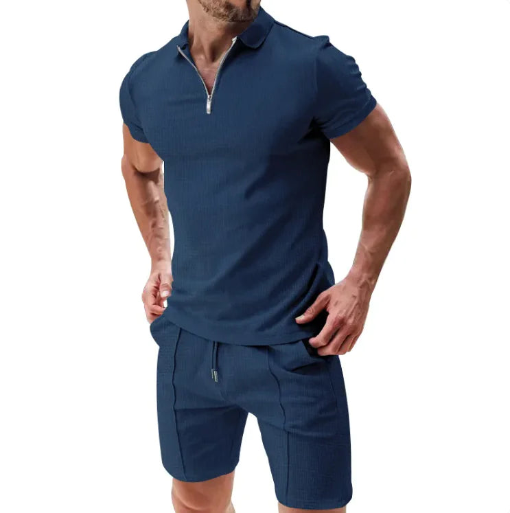 Conjunto de 2 piezas de polo con cremallera tipo gofre y pantalones cortos con cordón para hombre