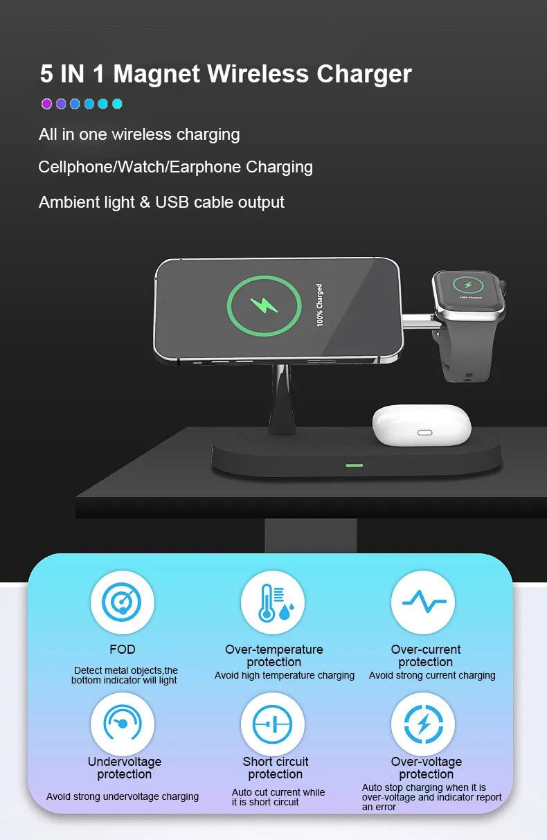 Soporte de carga inalámbrico magnético 5 en 1 (15 W)