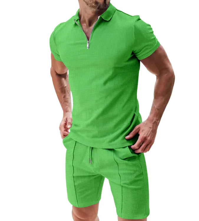 Conjunto de 2 piezas de polo con cremallera tipo gofre y pantalones cortos con cordón para hombre