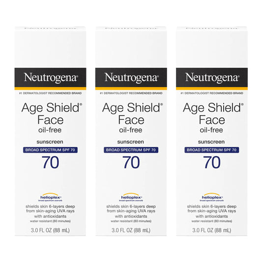 Loción protectora solar facial sin aceite Age Shield de Neutrogena con FPS 70 de amplio espectro, no comedogénica, humectante, para ayudar a prevenir los signos del envejecimiento, sin PABA, 3 onzas líquidas (paquete de 3)