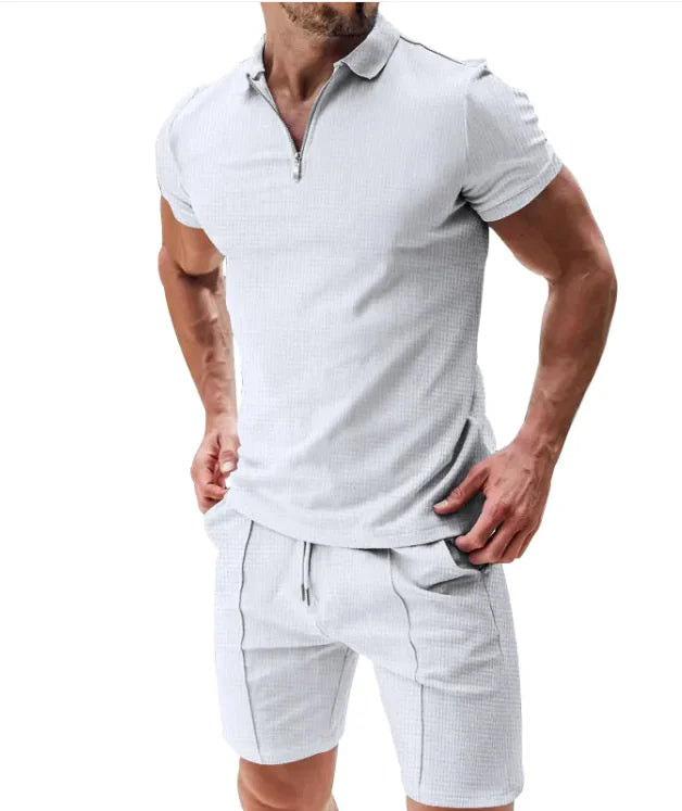 Conjunto de 2 piezas de polo con cremallera tipo gofre y pantalones cortos con cordón para hombre