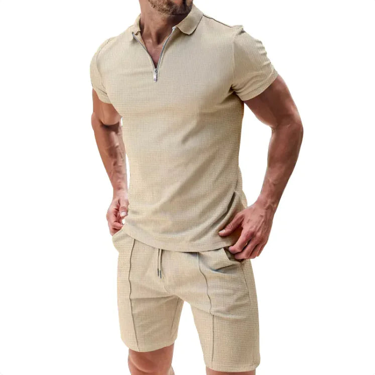 Conjunto de 2 piezas de polo con cremallera tipo gofre y pantalones cortos con cordón para hombre